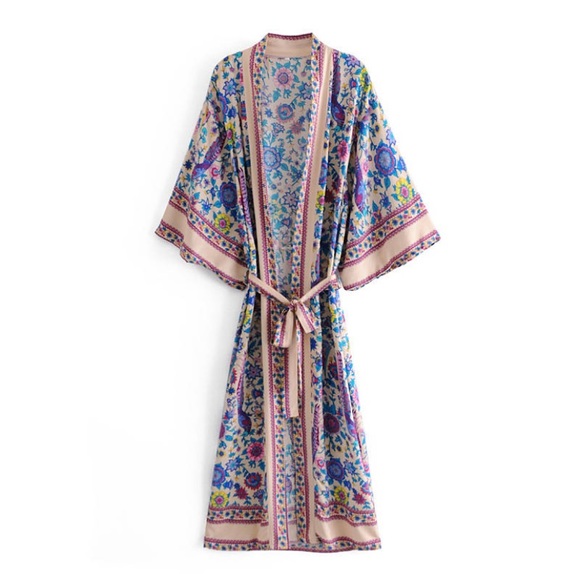 Tops - Colorful Floral Peacock Bohemian Kimono Duster